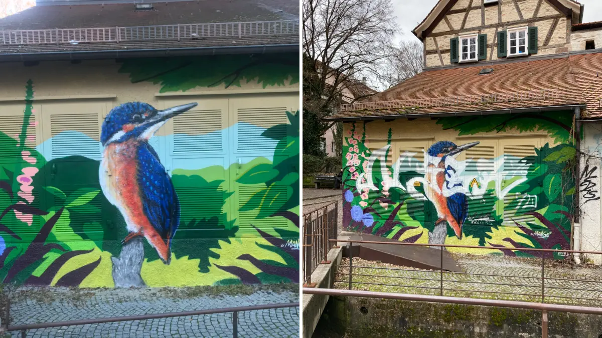 Unbekannte haben auch den Vogel am Tübinger Haagtor übermalt.