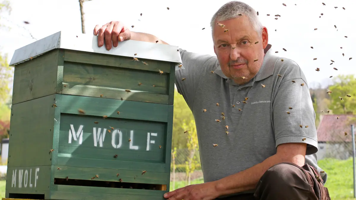 Neuer Bienenlehrpfad: Imker Michael Wolf mit einem Bienenkasten im Seniorenzentrum Markwasen.