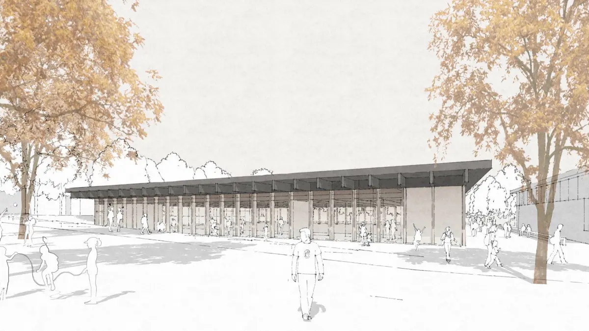 So wird sie aussehen, die neue Halle, sollte sie denn jemals gebaut werden. Rechts im Bild ist die Jahnhalle 2 zu sehen, links verläuft hinter den Bäumen die Alle Kanton Saint Julien.