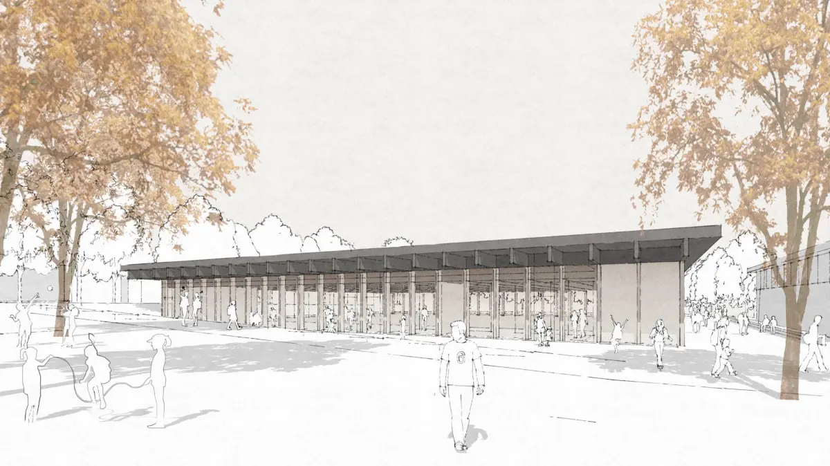 So wird sie aussehen, die neue Halle, sollte sie denn jemals gebaut werden. Rechts im Bild ist die Jahnhalle 2 zu sehen, links verläuft hinter den Bäumen die Alle Kanton Saint Julien.