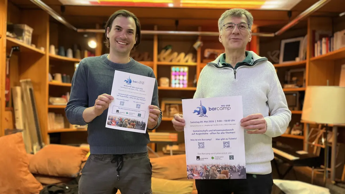 Johannes Deger (Vorsitzender Verein Temporärhaus) und Thomas Wagner (rechts) als Initiator laden zum ersten Barcamp in Neu-Ulm ein.