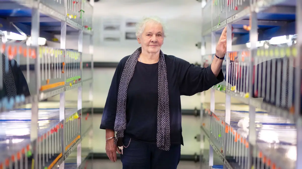 Biologin Nüsslein-Volhard: ARCHIV - 13.10.2022, Baden-Württemberg, Tübingen: Christiane Nüsslein-Volhard, Biochemikerin und Medizinnobelpreisträgerin, steht in der Fischanlage im Max-Planck-Institut für Entwicklungsbiologie. (zu dpa: «Nobelpreisträgerin Nüsslein-Volhard: «In Bio nur eine Zwei»») Foto: Marijan Murat/dpa +++ dpa-Bildfunk +++