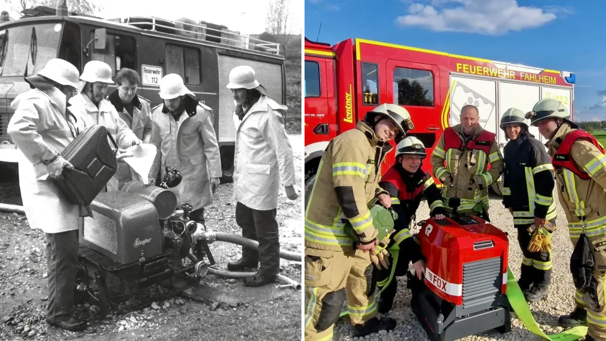 Feuerwehr Fahlheim: Einsatz 1994 und nachgestellt 2026.