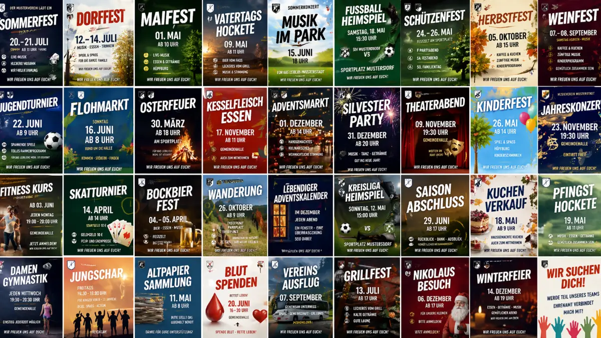 Vom Sommerfest bis zum Flohmarkt liefert die KI fertige Werbematerialien in Sekunden. Diese Collage wurde mit ChatGPT erzeugt.
