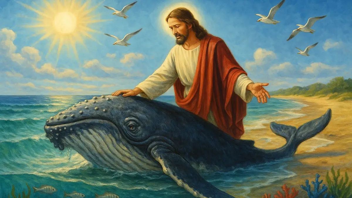 KI-generiertes Bild von dem Wal in der Ostsee, der in bestimmten Internetblasen auf Facebook und TikTok auch Hope genannt wird. Dort kursieren auch Bilder von Jesus, der den Wal rettet. (Aus rechtlichen Gründen nach Vorbildern von TikTok von der Redaktion erstellt.)