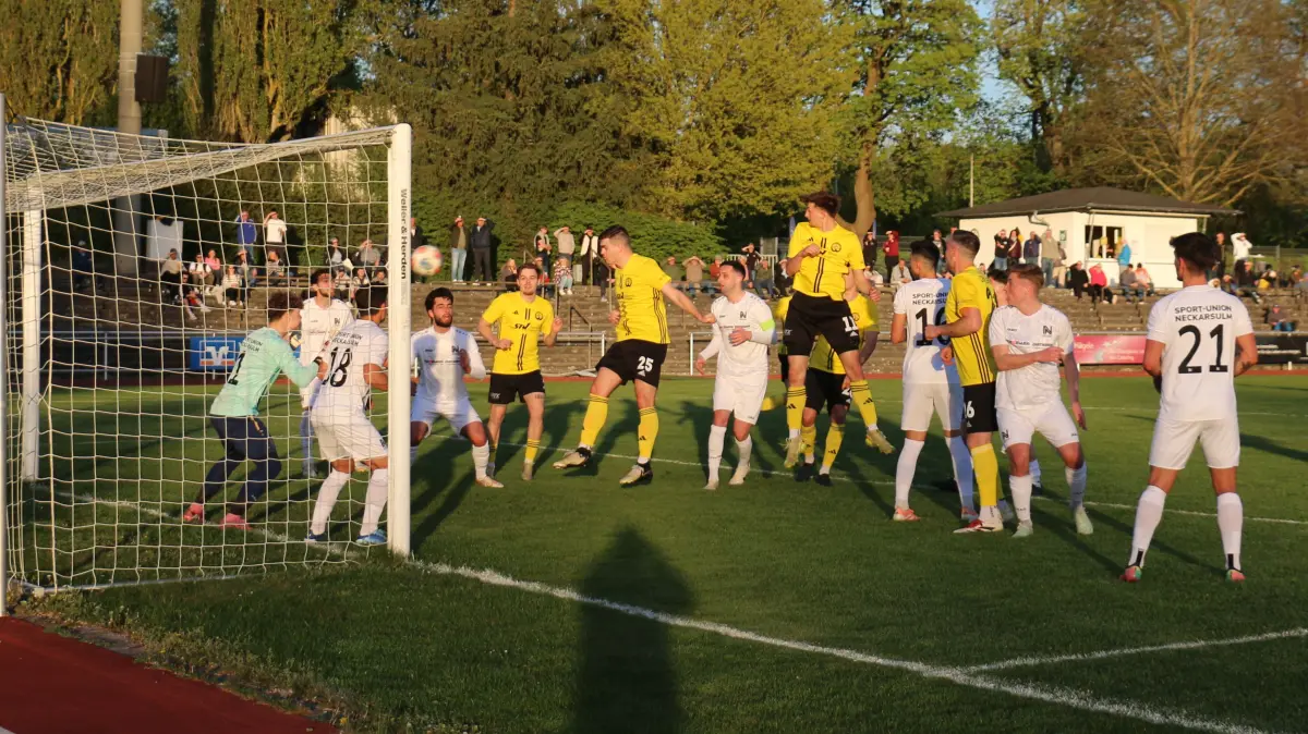 Jan Hübsch (Nummer 25) erzielt nach einem Eckball von Marius Doderer das 2:0 für den TSV Crailsheim. Maurice Schmiedt (Nummer 11) gelingen beim 5:0-Sieg gegen die Sport-Union Neckarsulm sogar drei Tore.