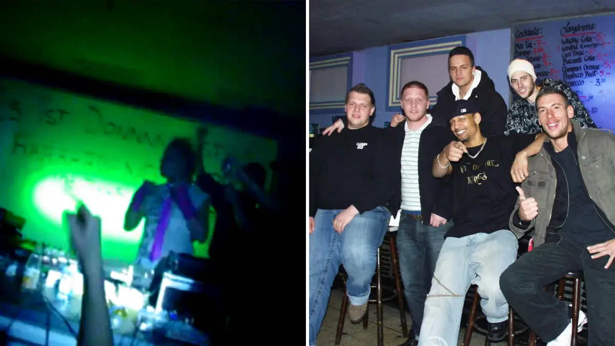 Zeitreise per Youtube: Videos einer DJ-Performance (linkes Bild) erinnern an den lange verschwundenen Club Ego in Ulm. In Alladin Kolics (rechtes Bild: erster von rechts, vordere Reihe) traten in den 2000ern regelmäßig internationale wie auch nationale und lokale DJs und Hip-Hop-Künstler auf – so wie "Prophetic Lion King" (rechtes Bild: zweiter von rechts, vordere Reihe) oder die Mitglieder von "Green Eye Fango Klick" (rechtes Bild, hintere Reihe).