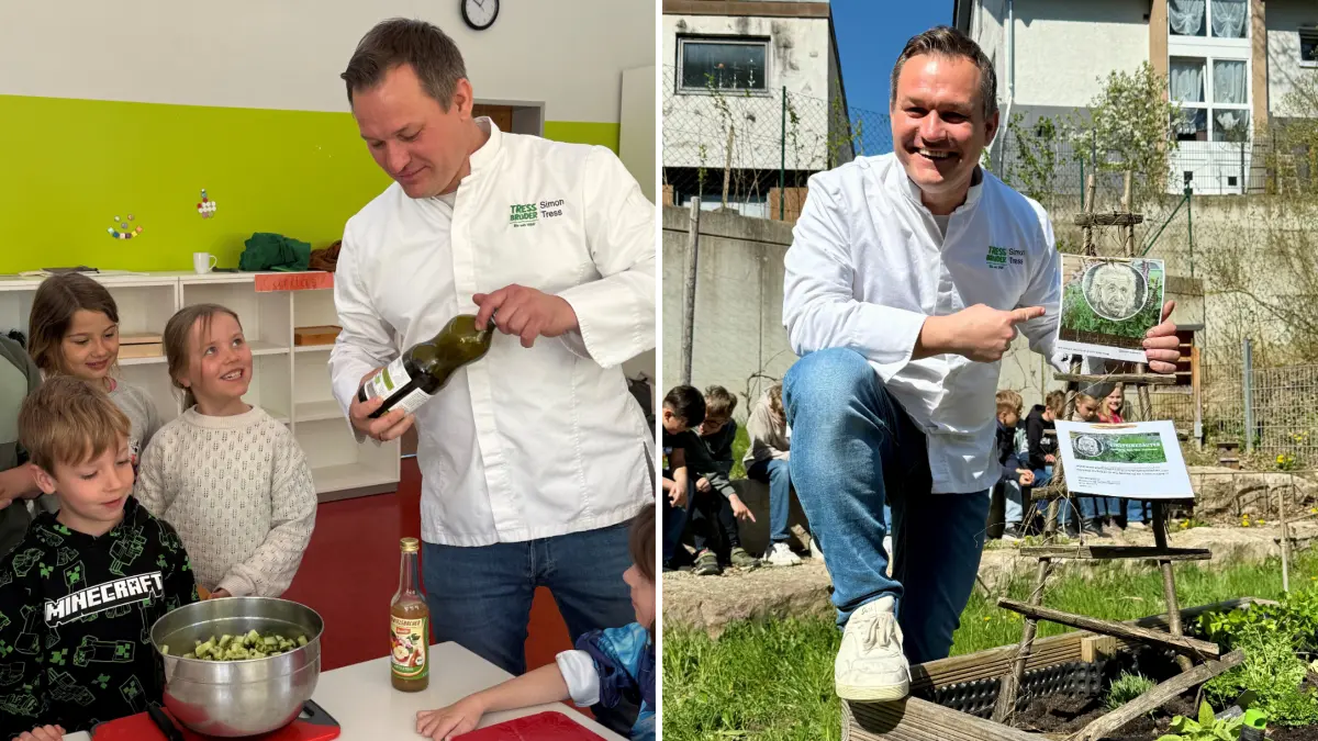 Spitzenkoch Simon Tress kocht mit Schülern der Grundschule Kleiner Einstein in Blaustein