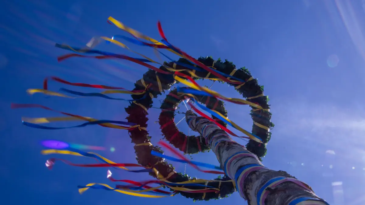 Der traditionelle Maibaum wurde von Mitgliedern der Freiwilligen Feuerwehr und der Traktortruppe Pokrent am Dorfteich aufgestellt. (zu dpa: ««Maibaum Hunters» - Serie über das Maibaum-Klauen in Bayern») +++ dpa-Bildfunk +++
