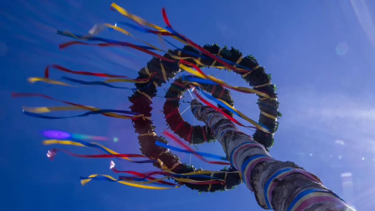 Der traditionelle Maibaum wurde von Mitgliedern der Freiwilligen Feuerwehr und der Traktortruppe Pokrent am Dorfteich aufgestellt. (zu dpa: ««Maibaum Hunters» - Serie über das Maibaum-Klauen in Bayern») +++ dpa-Bildfunk +++