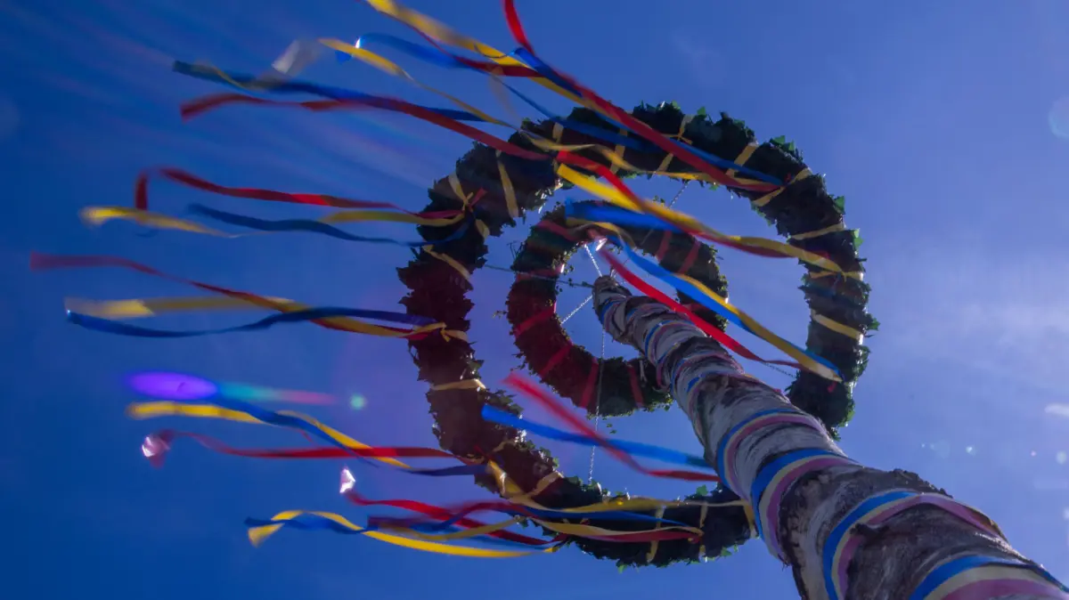 Der traditionelle Maibaum wurde von Mitgliedern der Freiwilligen Feuerwehr und der Traktortruppe Pokrent am Dorfteich aufgestellt. (zu dpa: ««Maibaum Hunters» - Serie über das Maibaum-Klauen in Bayern») +++ dpa-Bildfunk +++