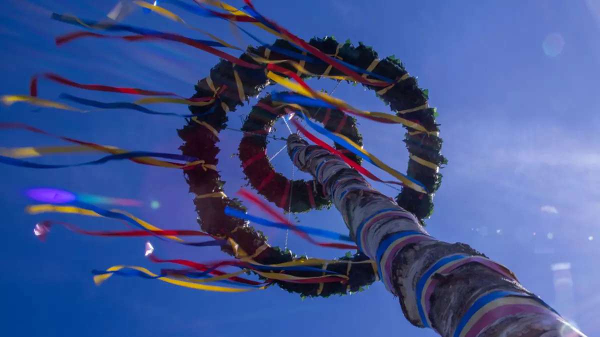 Der traditionelle Maibaum wurde von Mitgliedern der Freiwilligen Feuerwehr und der Traktortruppe Pokrent am Dorfteich aufgestellt. (zu dpa: ««Maibaum Hunters» - Serie über das Maibaum-Klauen in Bayern») +++ dpa-Bildfunk +++