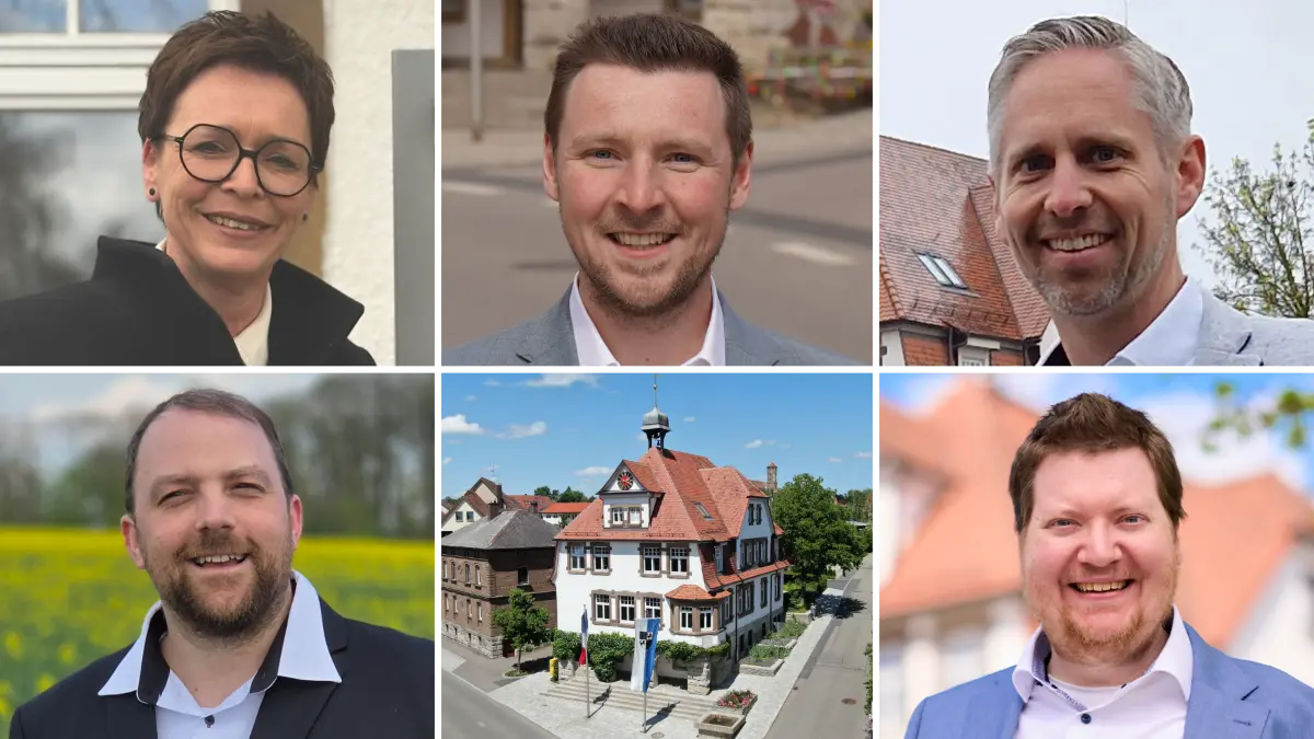 Wer wird Bürgermeisterin oder Bürgermeister von Gerabronn? Die Bewerber (von links oben nach rechts unten): Carmen Class, Kevin Leiser, Sven Bühler, Jens Radtke, Jonas Mauch