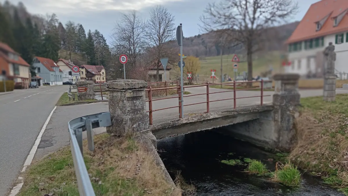 Die Brücke über die Lauter ist nachhaltig geschädigt und muss durch einen Neubau ersetzt werden. Sie führt von der Lichtensteinstraße (links) zum Gestütsgasthof Offenhausen (rechts).