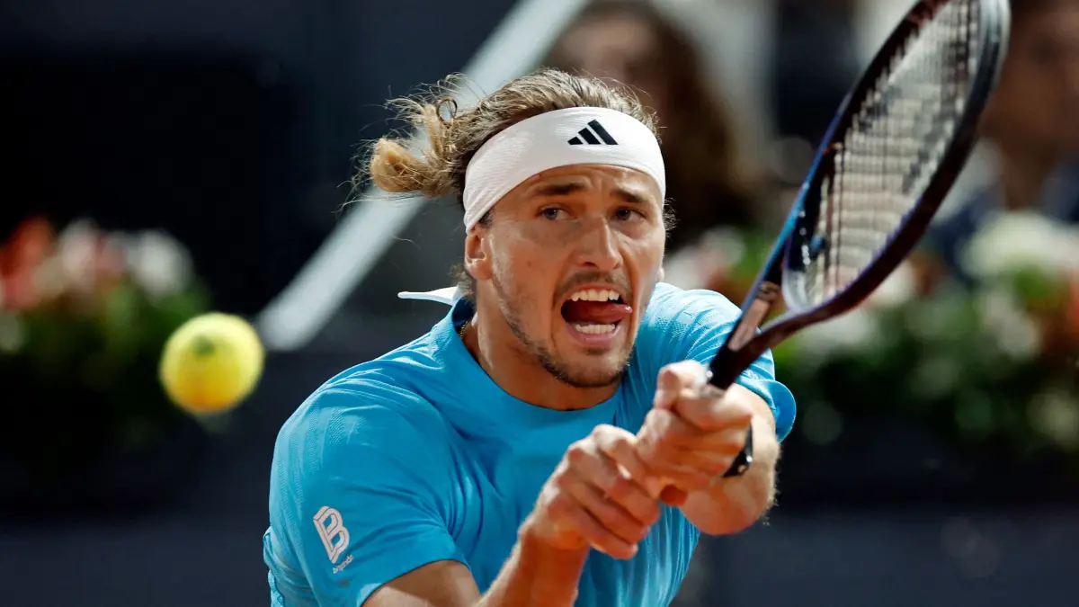 Germany's Alexander Zverev returns the ball to Czech Republic's Jakub Mensik during their 2026 ATP Tour Madrid Open tennis tournament singles match at the Caja Magica in Madrid, on April 28, 2026. (Photo by OSCAR DEL POZO / AFP)