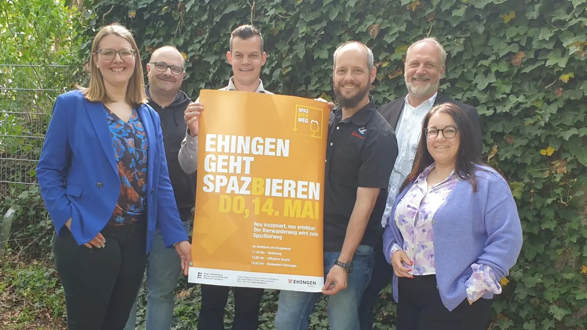 Rabea Christ, Julius Buckenmaier, Marc Steudle, Michael Miller, Jens Burkart und Christina Sauter-Knapp (von links) stellen SpazBierweg vor.