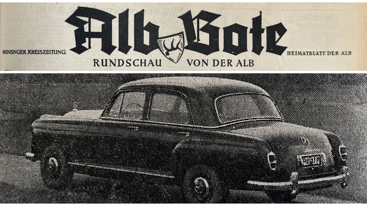 Aus dem Zeitungsarchiv. Alb Bote vom 30. April 1956. Unten: der damals brandneue "Mercedes-Benz 219", der 1956 auf den Markt kam und bis 1959 produziert wurde.