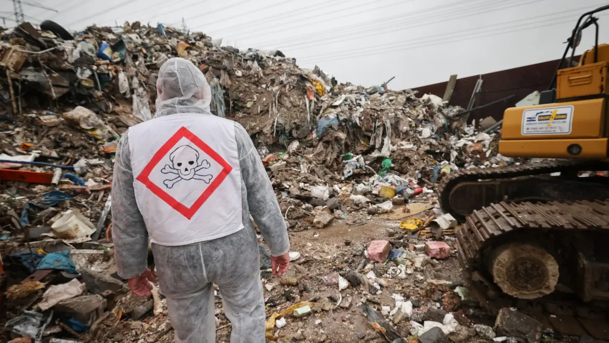 Räumung einer illegalen Müllkippe: ARCHIV - 05.02.2024, Schleswig-Holstein, Norderstedt: Ein Mitglied vom Bund für Umwelt und Naturschutz Deutschland (BUND) trägt bei einem Medientermin zur Räumung einer illegalen Müllkippe einen Schutzanzug mit Warnzeichen. Ein über Jahre gewachsener illegaler Müllberg in einem Gewerbegebiet mit unsortiertem und zum Teil gefährlichen Müll wie Bauschutt, Kunststoffe, Dämmstoffe und Teerpappe, soll jetzt abgeräumt werden. (zu dpa: «Umwelt-Mafia im Visier – Polizei soll verdeckt ermitteln») Foto: Christian Charisius/dpa +++ dpa-Bildfunk +++