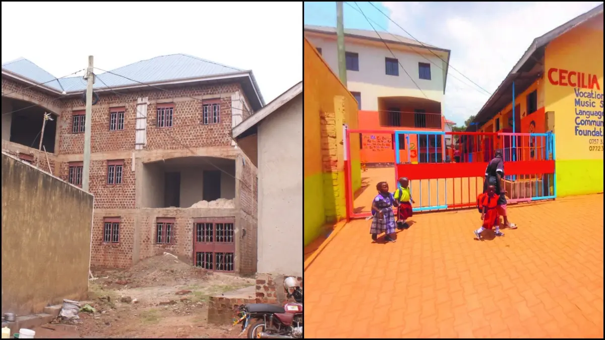 Ein Vorher-Nachher-Vergleich des Berufsbildungszentrums Nalukolongo. Mit dieser Einrichtung möchte der Cecilia Förderverein Uganda jungen Frauen eine Perspektive bieten.