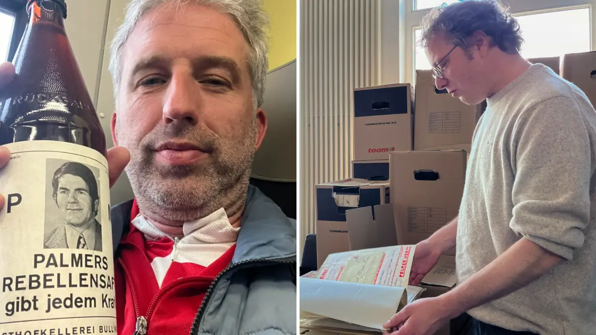 Tübingens Stadtarchivar Johannes Grützmacher muss Umzugskisten voller Aktenordner aus dem Nachlass von Helmut Palmer sichten. Oberbürgermeister Boris Palmer hat auch eine Flasche „Rebellensaft“ seines Vaters entdeckt.
