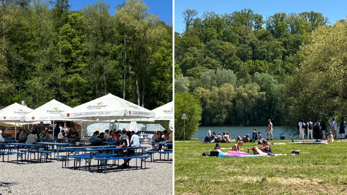 Sowohl am Kiosk, als auch auf der Liegewiese haben sich einige Menschen zur Saisoneröffnung am K'furter Baggersee eingefunden.