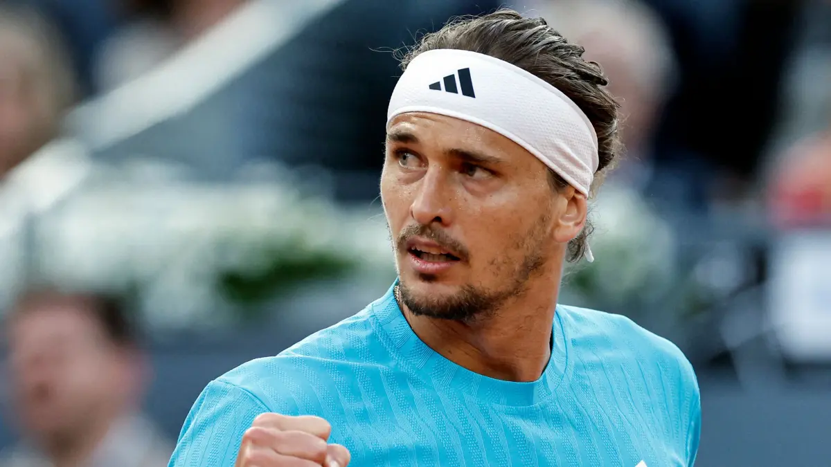 Germany's Alexander Zverev reacts as he plays against Belgium's Alexander Blockx during their 2026 ATP Tour Madrid Open tennis tournament semi-final singles match at the Caja Magica in Madrid, on May 1, 2026. (Photo by OSCAR DEL POZO / AFP)