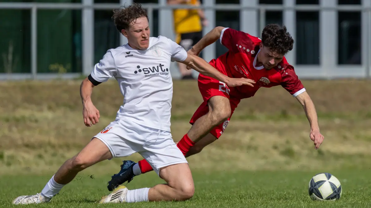 TSG Tuebingen - TSV Oberensingen, Fussball, Herren, Verbandsliga, 29. Spieltag, Saison 2025/2026, 02.05.2026,: TSG Tuebingen - TSV Oberensingen, Fussball, Herren, Verbandsliga, 29. Spieltag, Saison 2025/2026, 02.05.2026, Elkana Maier (TSG Tuebingen #08) und Levent Kulay (TSV Oberensingen #22)
Foto: DROFITSCH/EIBNER