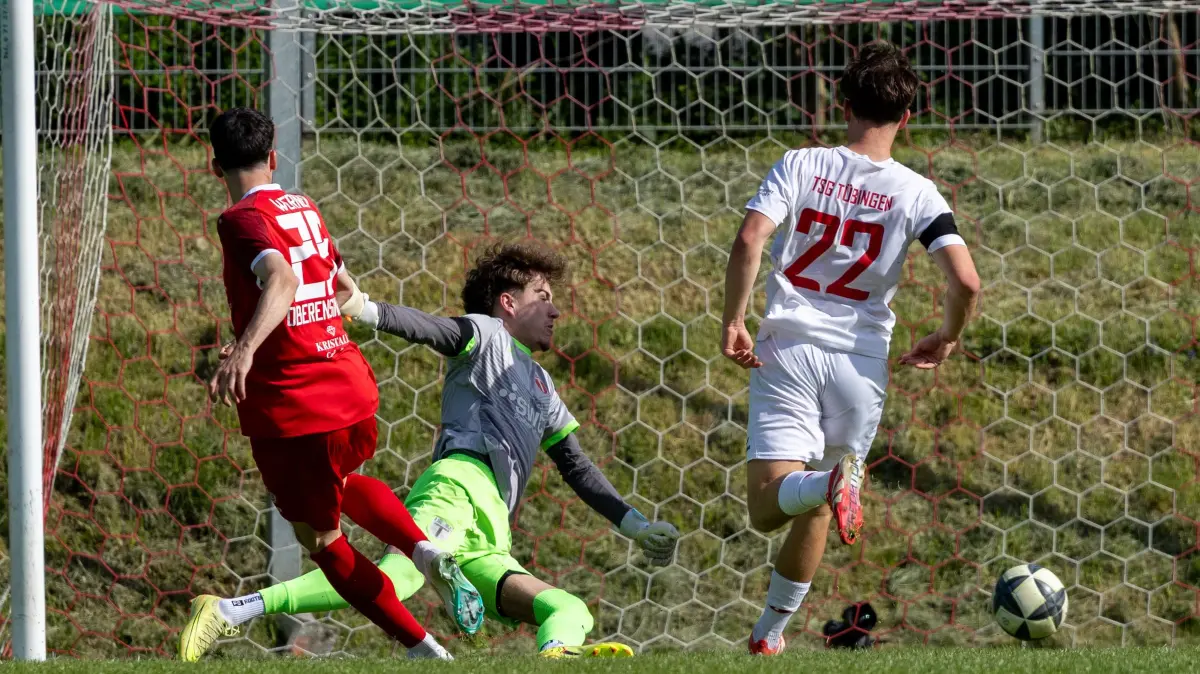 TSG Tuebingen - TSV Oberensingen, Fussball, Herren, Verbandsliga, 29. Spieltag, Saison 2025/2026, 02.05.2026,: TSG Tuebingen - TSV Oberensingen, Fussball, Herren, Verbandsliga, 29. Spieltag, Saison 2025/2026, 02.05.2026, Tor zum 0:1 durch Patrick Werner (TSV Oberensingen #29)
Foto: DROFITSCH/EIBNER