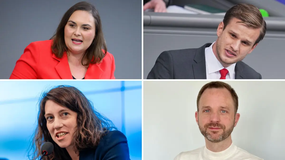 Isabel Cademartori aus Mannheim und Robin Mesarosch aus Sigmaringen (oben) kandidieren als Doppelspitze für den SPD-Landesvorsitz. Je einzeln bewerben sich Dorothea Kliche-Behnke aus Tübingen und der Vorsitzende des Ortsvereins Gomaringen, Carsten Lotz (unten).
