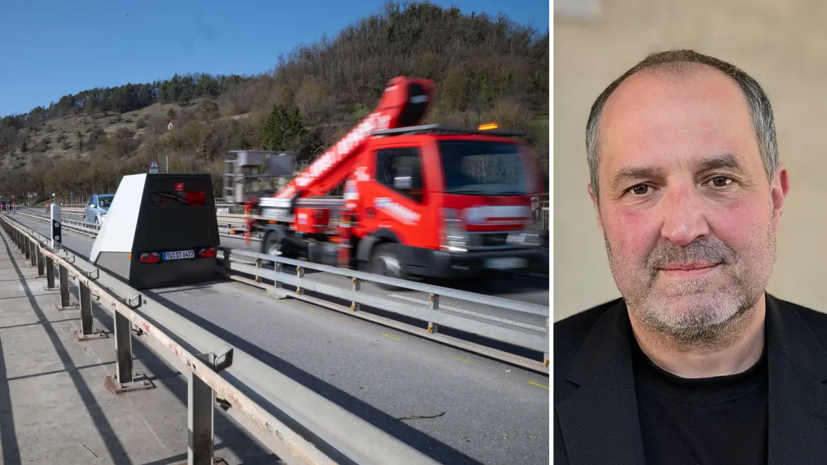 Der Blitzer auf der L371 Brücke über den Neckar zwischen Tübingen und Hirschau kontrolliert nicht nur die Geschwindigkeit, sondern erfasst auch die Größe der Autos, denn für Fahrzeuge über 3,5 Tonnen ist die marode Brücke gesperrt. Rechts im Bild Hirschaus Ortsvorsteher Norbert Schnitzler.