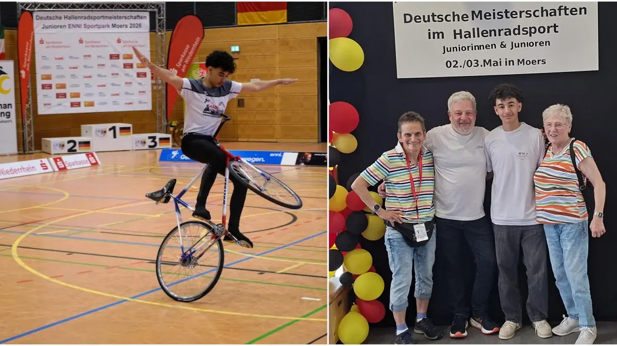 Elijah Beck vom RV Trillfingen bei den Deutschen Hallenradsportmeisterschaften der Junioren in Moers (links). Nachwuchsfahrer Beck (3. von links) mit seinen Betreuern.