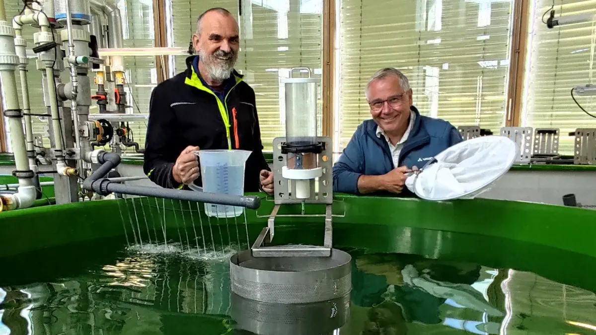 Die beiden Fischwirtschaftsmeister Eckhard Dossow (r.) und Gerhard Pfeiffer ziehen in riesigen Becken Felchen heran.