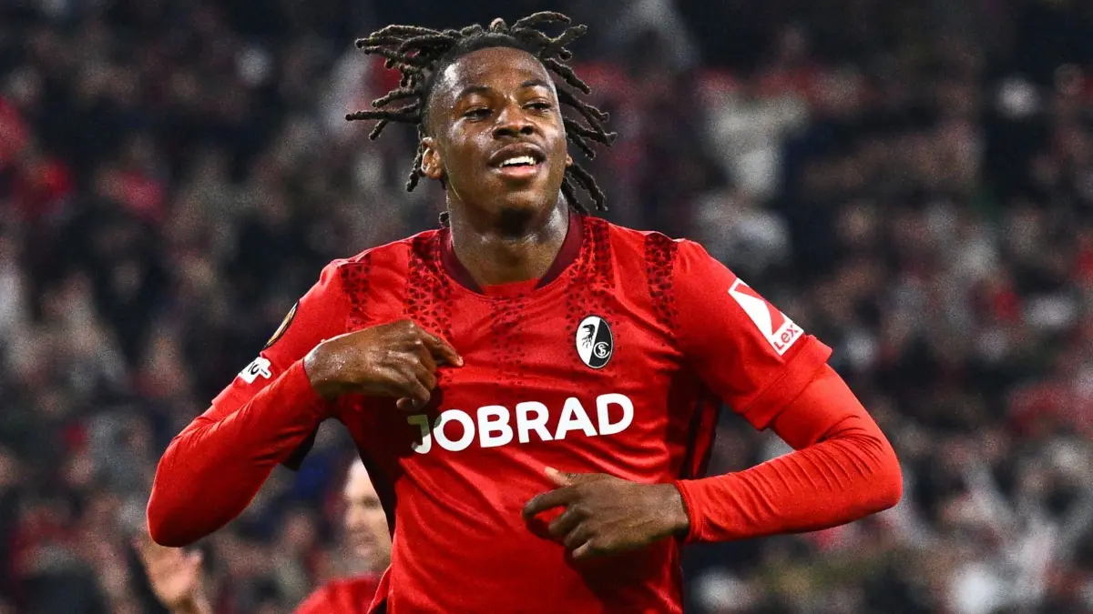 SC Freiburg - SC Braga: 07.05.2026, Baden-Württemberg, Freiburg im Breisgau: Fußball, Männer: Europa League, SC Freiburg - SC Braga, K.o.-Runde, Halbfinale, Rückspiele, Europa Park Stadion. Johan Manzambi (SC Freiburg) feiert seinen Treffer zum 2:0. Foto: Tom Weller/dpa +++ dpa-Bildfunk +++