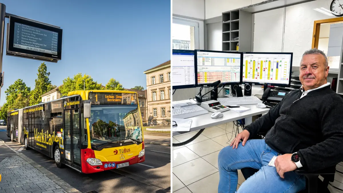 In der Tübus-Leitstelle arbeiten die Disponenten im Dreischichtbetrieb fast rund um die Uhr. Rechts im Bild Engin Yurdakul an seinem Arbeitsplatz.