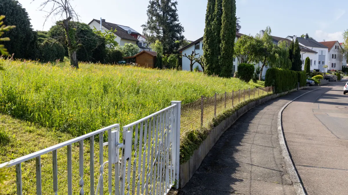 leeres Baugrundstück in der Kopernikusstraße (linke Straßenseite ziemlich am Anfang). Dort sollen 12 Wohnungen errichtet werden, die Anwohner wehren sich.