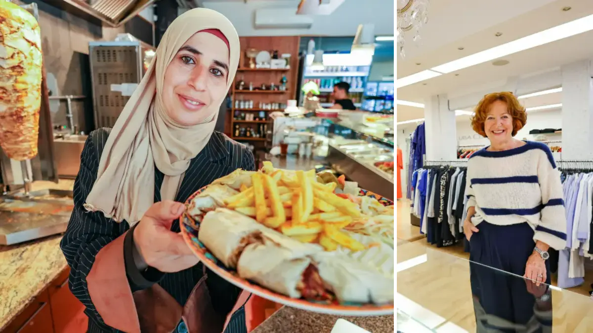Marwa Radwan mit einem aufgeschnittenem Schawarma samt Pommes und Kraut. Am Spieß dreht sich das Hühnchenfleisch. Hinter dem Imbiss werden Lebensmittel verkauft.