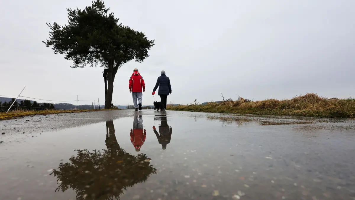 ARCHIV - 01.03.2026, Baden-Württemberg, Riedlingen: Spaziergänger sind mit ihrem Hund im Regen unterwegs. (zu dpa: «Eisheiligen beginnen mit Dauerregen im Schwarzwald») Foto: Thomas Warnack/dpa +++ dpa-Bildfunk +++