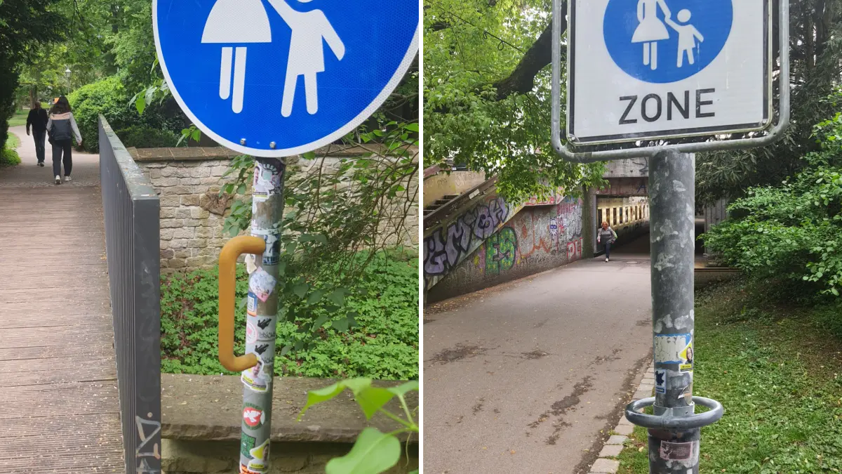 Montage: Fahrradfahrer-Griffe an Tübinger Schildern