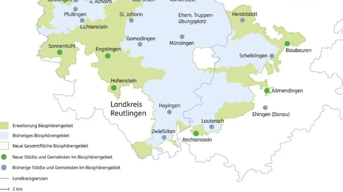 Karte des Biosphärengebiets Schwäbische Alb. Die Flächen, die neu hinzu gekommen sind, sind grün gekennzeichnet.
