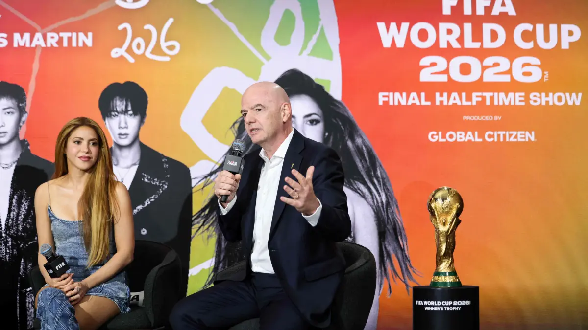 Global Citizen and FIFA World Cup panel at Global Citizen NOW event: Colombian singer Shakira listens to FIFA President Gianni Infantino speak on stage for the 2026 World Cup halftime show announcement during the Global Citizen and FIFA World Cup panel at the Global Citizen NOW event in New York City on May 14, 2026. (Photo by CHARLY TRIBALLEAU / AFP)