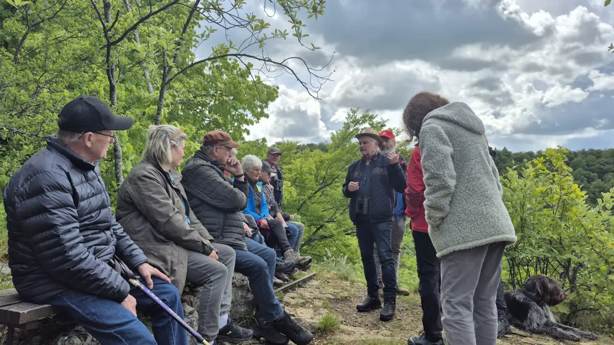 Bei der Naturführung des Nabu Römerstein, die auch zum Lauereckfels führte, hatte Bernd Weber aus Hengen interessierte Zuhörer. Neben der Flora und Fauna am Heidengraben ging es auch um die Geschichte der Region.