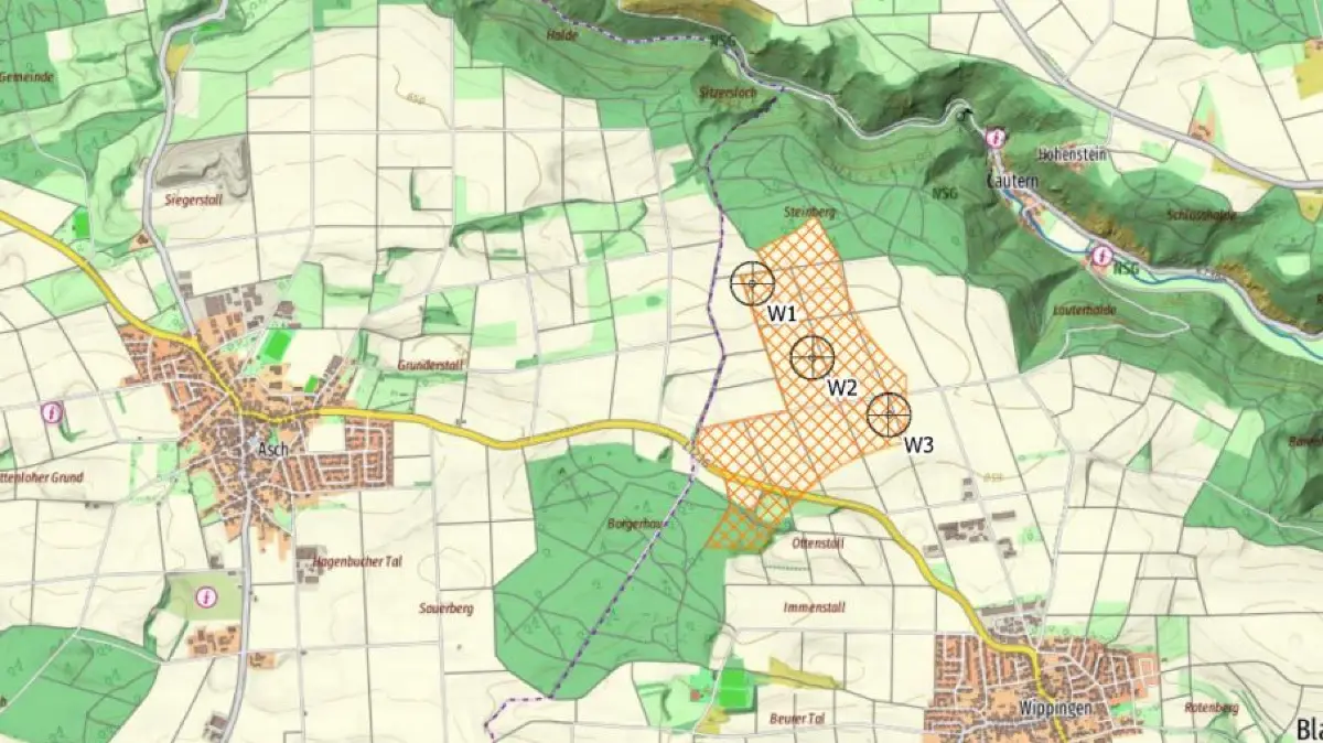 Die drei geplanten Windkraftanlagen bei Wippingen sind mit Kreisen gekennzeichnet.