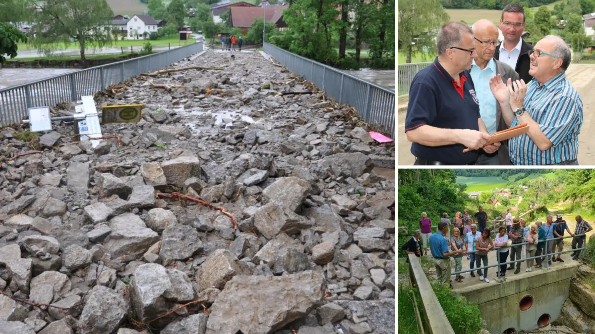 Massen an Schlamm und Geröll liegen am Tag nach der Unwetter-Katastrophe auf der Jagstbrücke in Hessenau. Der dort in die Jagst mündende Leofelser Klingenbach hatte sich in einen reißenden Strom verwandelt. Wenige Tage später stehen Ilshofens Bürgermeister Roland Wurmthaler, Landrat Gerhard Bauer, Kreisbrandmeister Jürgen Mors und Stabsleiter Steffen Baumgartner auf der Brücke und diskutieren über Hilfsmaßnahmen. Das Foto darunter zeigt eine Landfrauen-Gruppe im Jahr 2022 auf einem der beiden neu errichteten Geröllfänge.