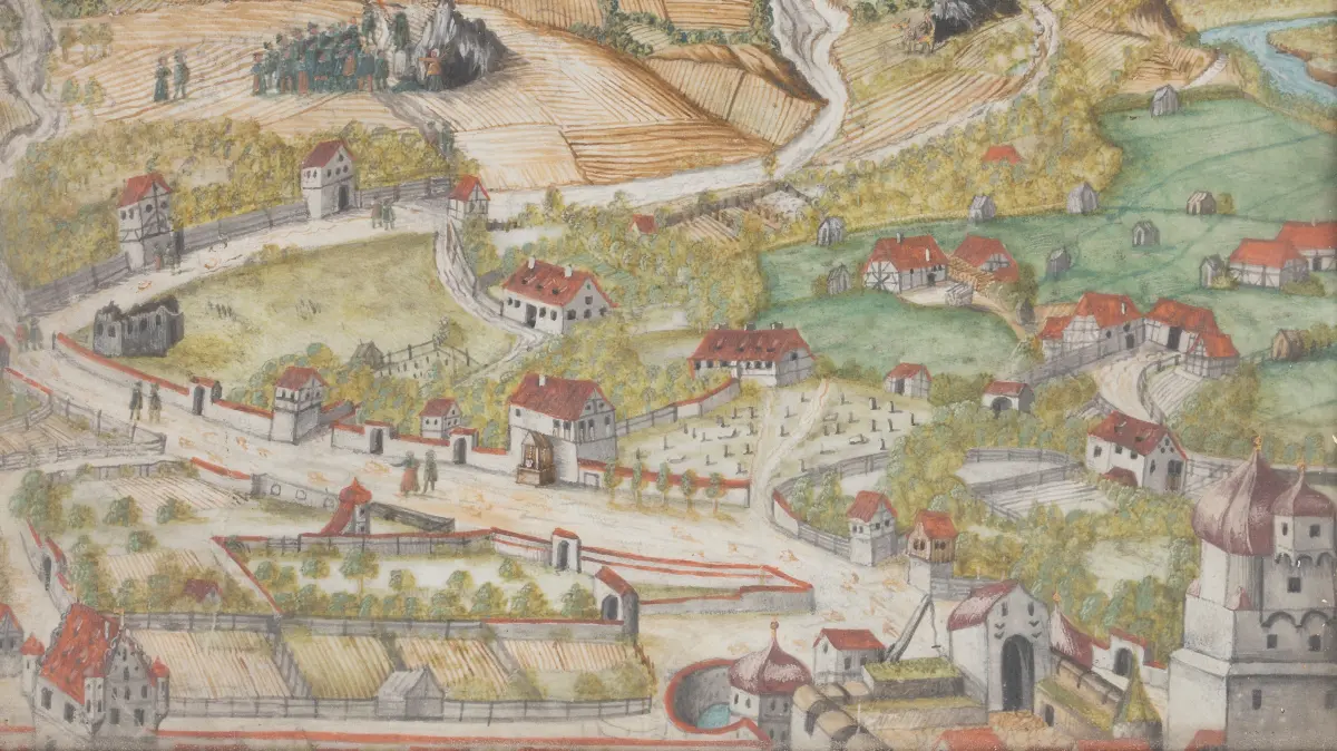 Ansicht aus dem 16. Jahrhundert, wohl wohl auf dem Münsterturm entstanden: ein Blick auf den Ulmer Norden außerhalb der Stadtmauer, die am unteren Bildrand verläuft.
