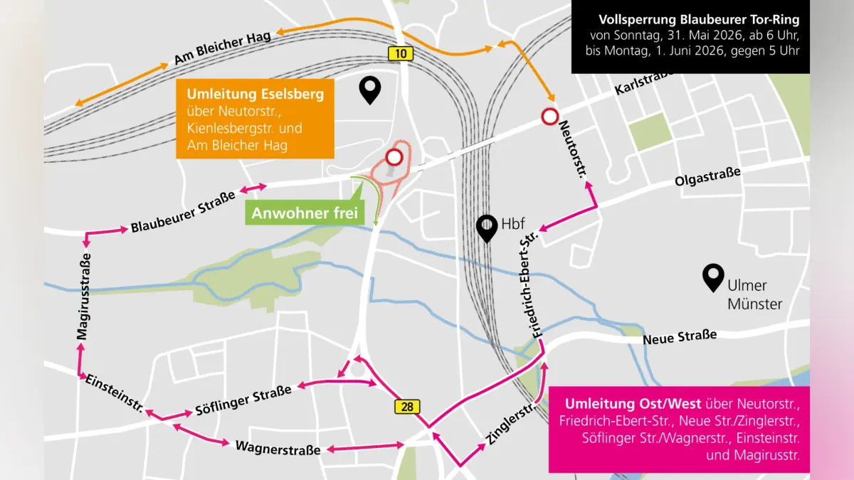 Die künftige Verkehrsführung ab dem 1.6. am Blaubeurer Ring. Aus der bisherigen "Cartoffel" wird der Form nach ein "Spatz".