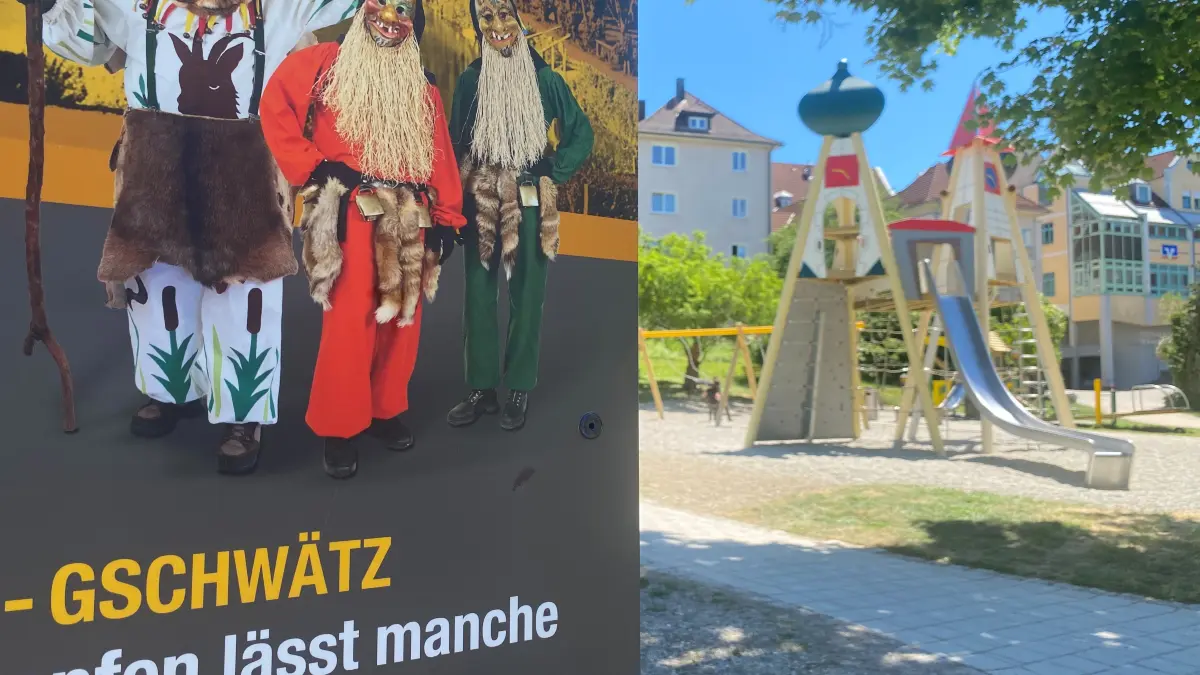 Nicht nur über Bier, auch über die Fasnet wird am Groggensee-Spielplatz informiert. Im Hintergrund ein Klettergerüst, das den drei katholischen Kirchen der Stadt nachempfunden ist.