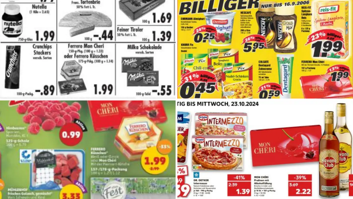 Die Likörpralinen von Mon Chérie kosteten vor der Euro-Umstellung noch 3,99 DM. Danach war 1,99 Euro ein paar Jahre lang der Normalpreis (oben links), stieg dann aber schnell über die Jahre an (2006 oben rechts, 2015 unten links, 2024 unten rechts).