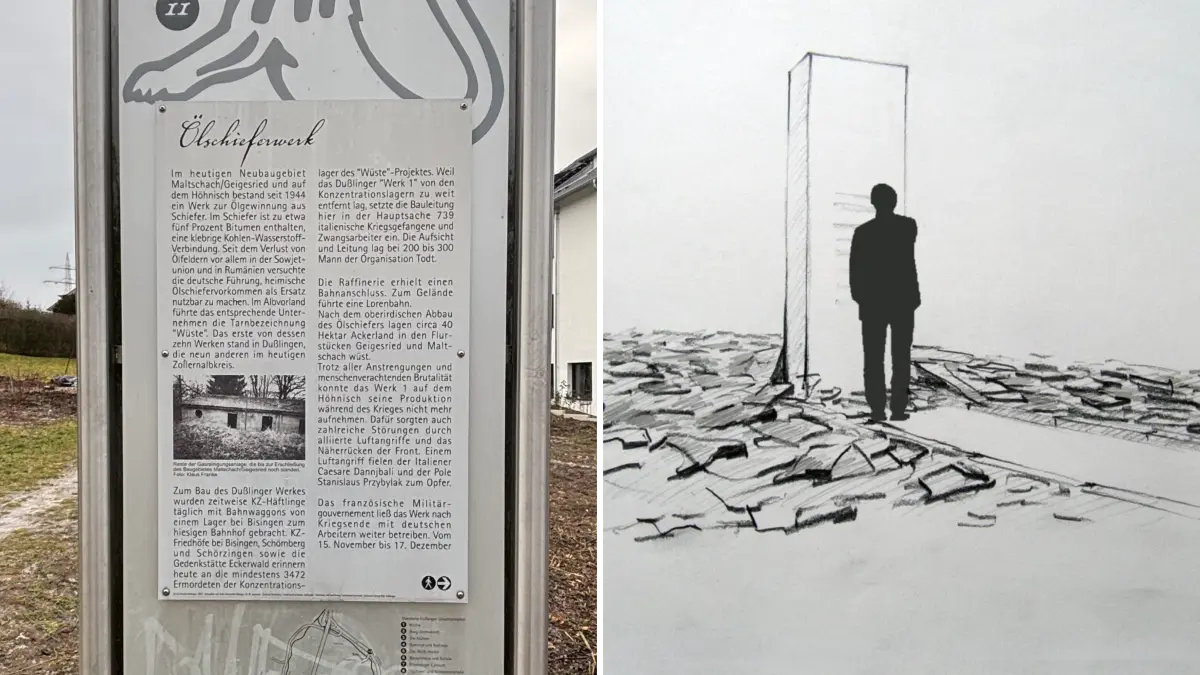 Station 11 des Dußlinger Geschichtspfads verweist auf das Ölschieferwerk auf dem Höhnisch in der NS Zeit (links). Für ein mögliches Ölschieferwerk-Mahnmal hat der Dußlinger Künstler Werner Steinmetz schon vor Jahren eine Skizze gezeichnet (rechts).