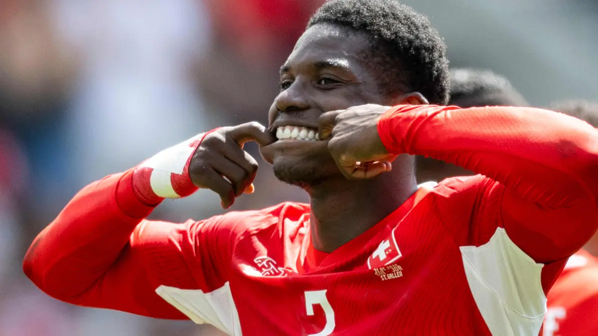 Switzerland's forward #7 Breel Embolo celebrates scoring his team's first goal during a friendly football match between Switzerland and Jordan ahead of the 2026 FIFA World Cup football tournament at the Kybunpark stadium in St. Gallen on May 31, 2026. (Photo by Ennio LEANZA / AFP)