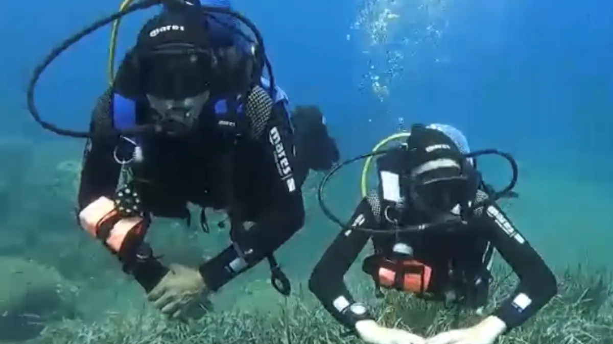 Tauchlehrer Thomas Bratke Beck und sein Sohn Finnley Bratke bei der Tauchausbildung im Mittelmeer bei Elba.